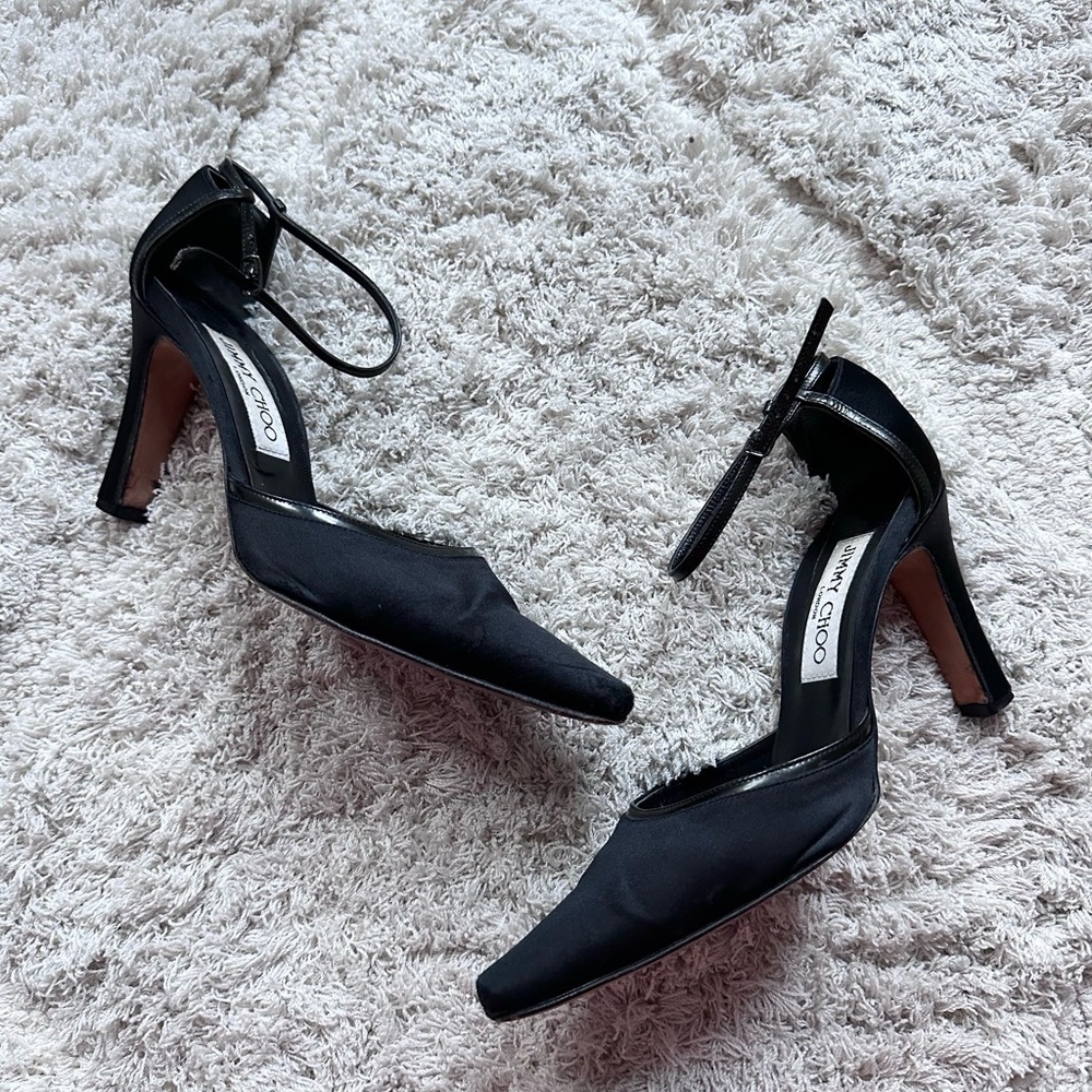Jimmy Choo Satin fur closed toe pointed to heels pumps ankle 3" 37.5